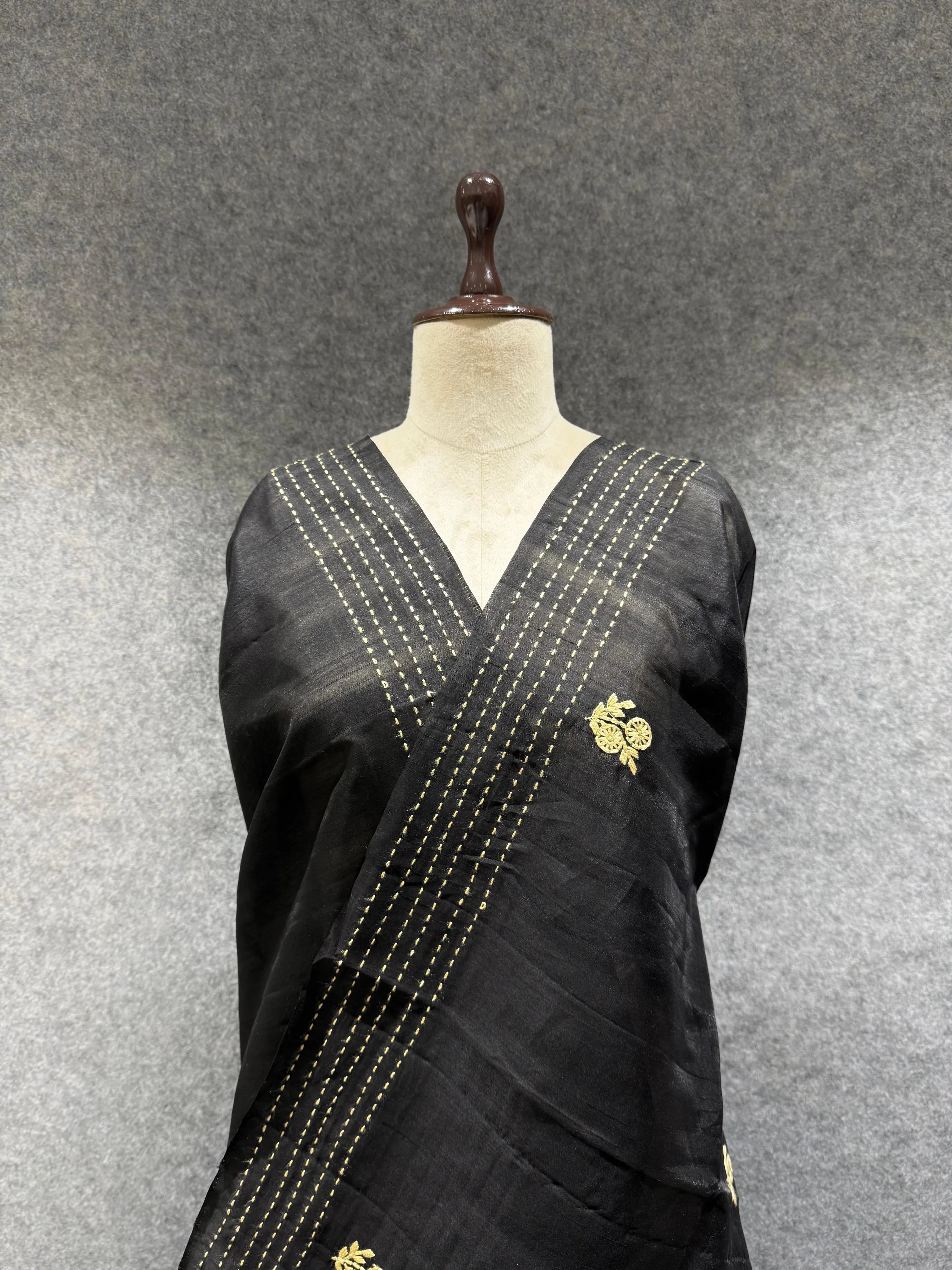 Black Matka Silk Embroidery Saree