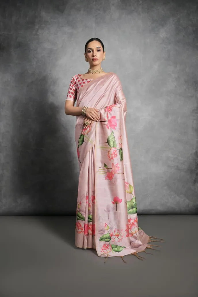 Soft Tussar Silk Beautiful Lotus Printed Saree
