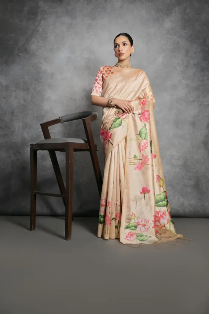 Soft Tussar Silk Beautiful Lotus Printed Saree