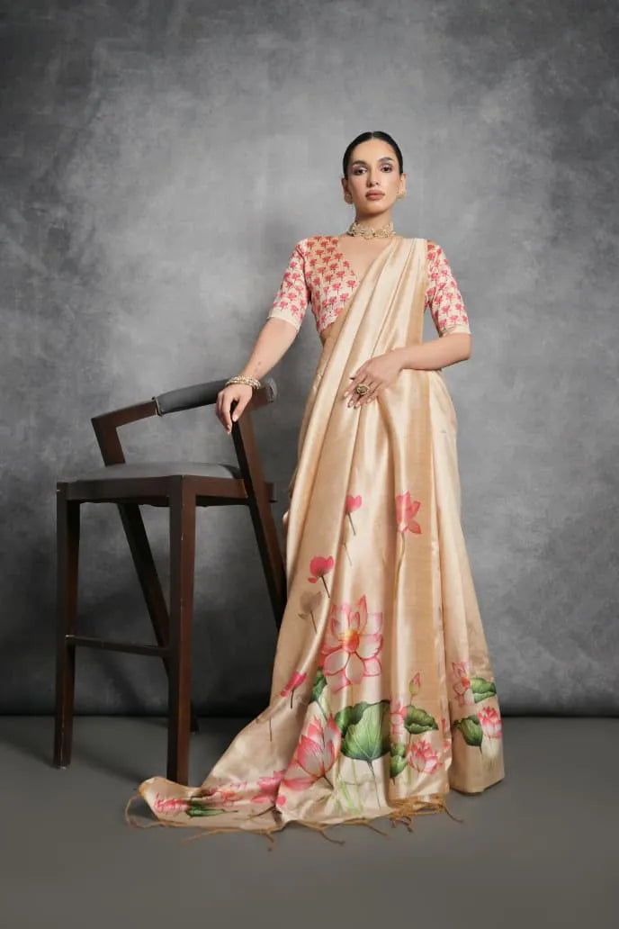 Soft Tussar Silk Beautiful Lotus Printed Saree