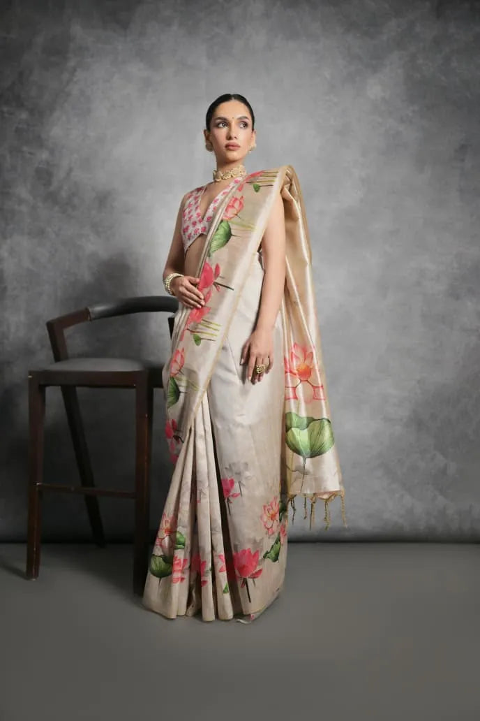Soft Tussar Silk Beautiful Lotus Printed Saree