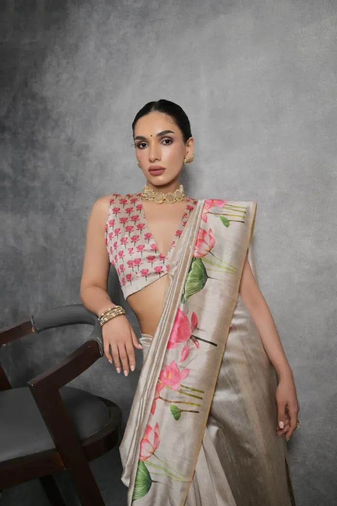 Soft Tussar Silk Beautiful Lotus Printed Saree