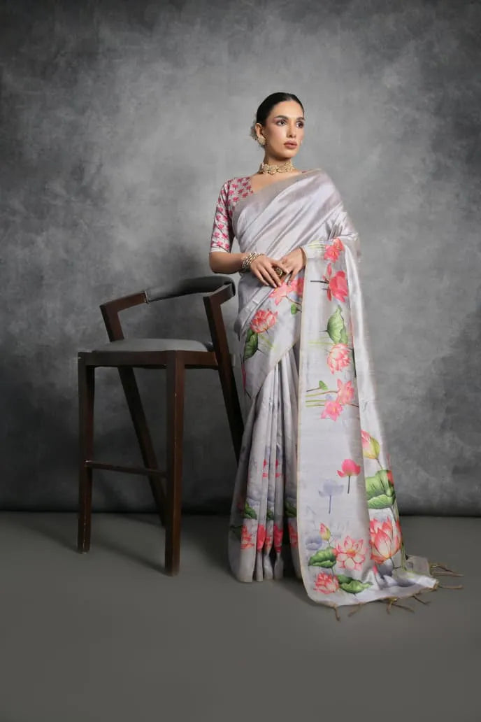 Soft Tussar Silk Beautiful Lotus Printed Saree