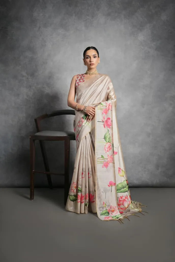 Soft Tussar Silk Beautiful Lotus Printed Saree