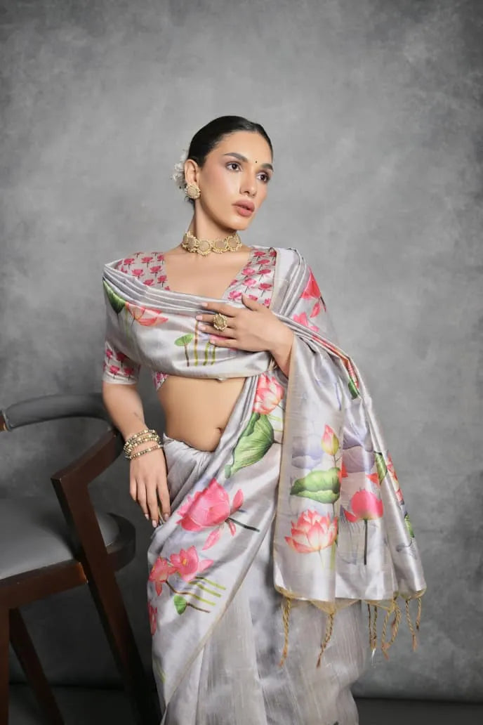 Soft Tussar Silk Beautiful Lotus Printed Saree