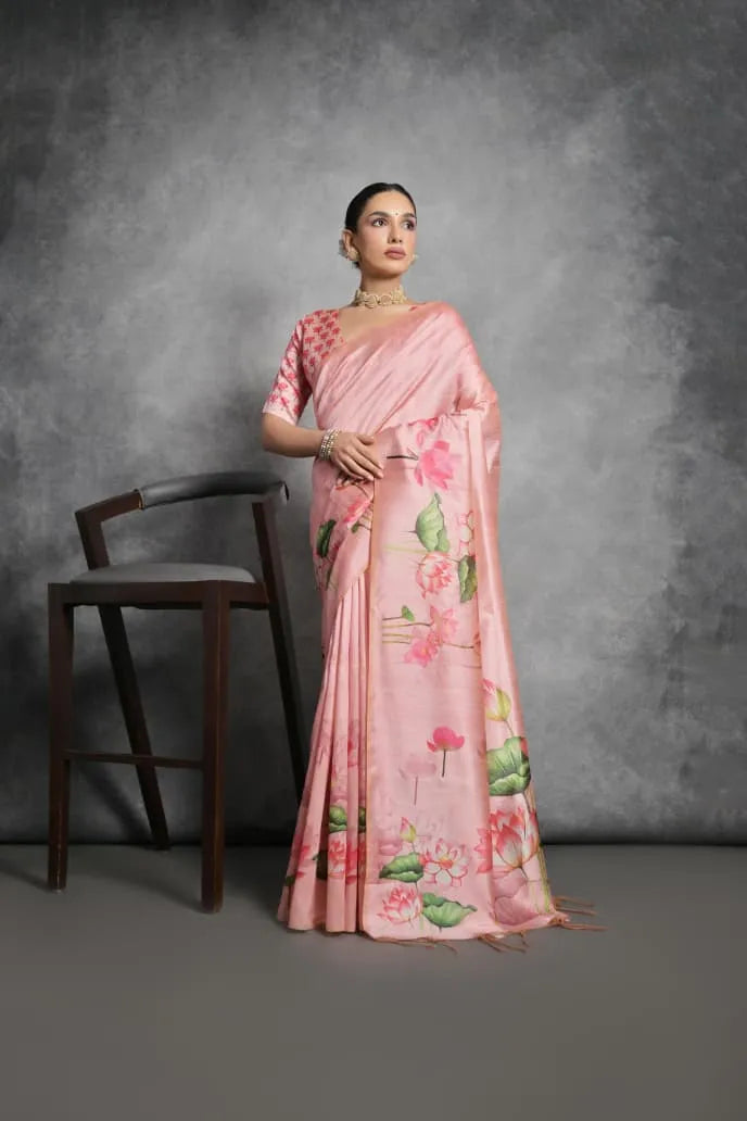 Soft Tussar Silk Beautiful Lotus Printed Saree