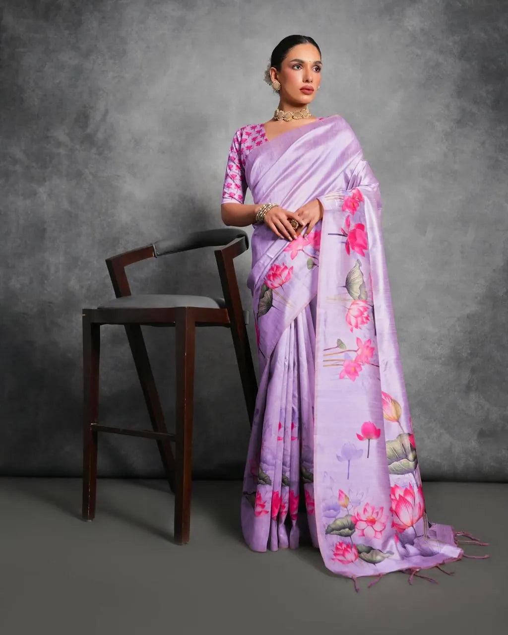 Soft Tussar Silk Beautiful Lotus Printed Saree