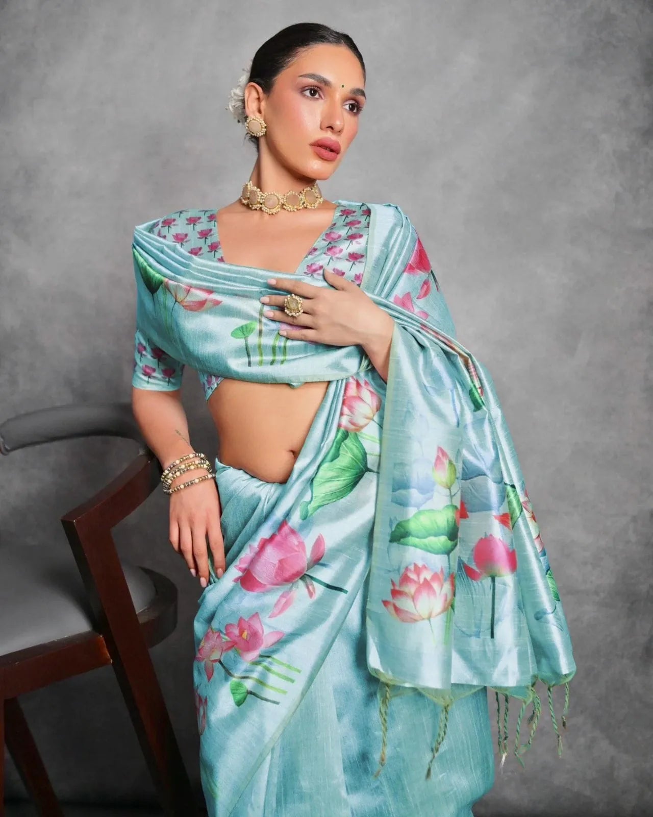 Soft Tussar Silk Beautiful Lotus Printed Saree