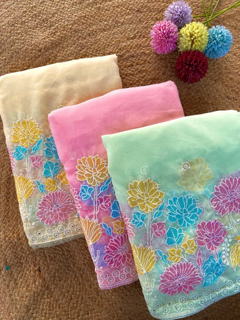 Pure Glass Chiffon Flower Pannel Saree