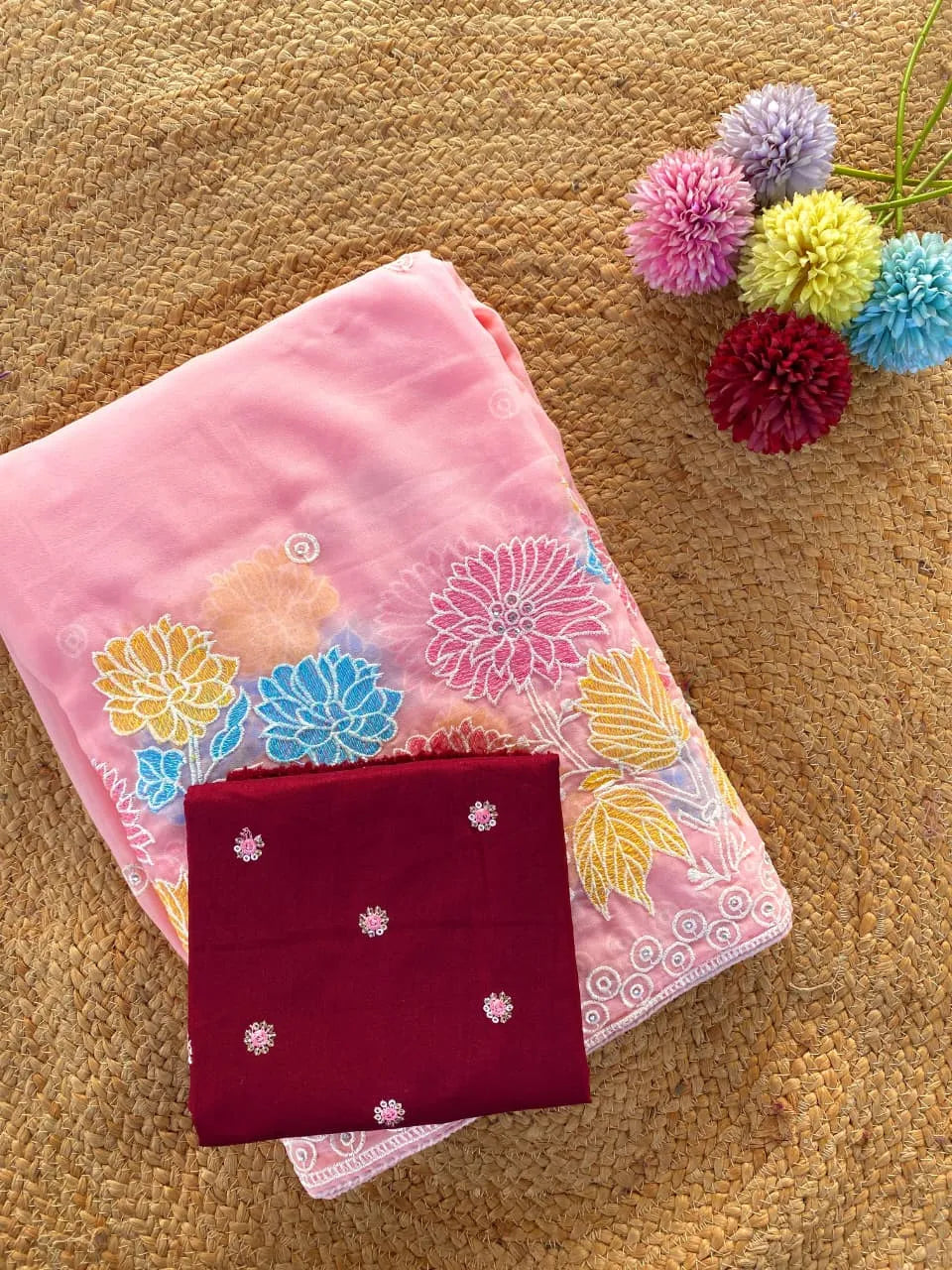 Pure Glass Chiffon Flower Pannel Saree