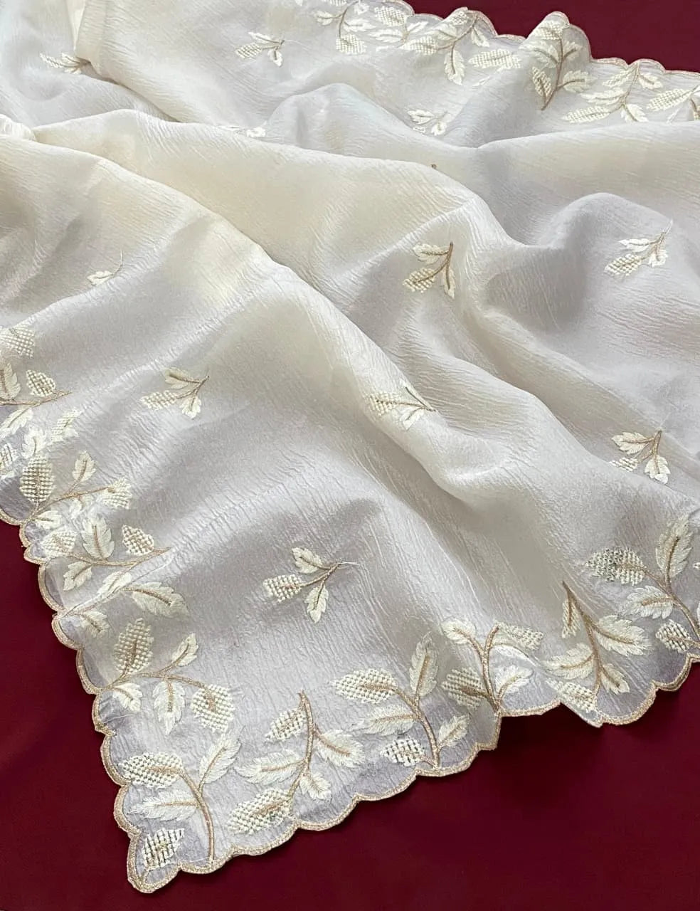 Crushed Georgette Leaf Embroidery Work Saree