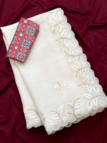 Crushed Georgette Leaf Embroidery Work Saree