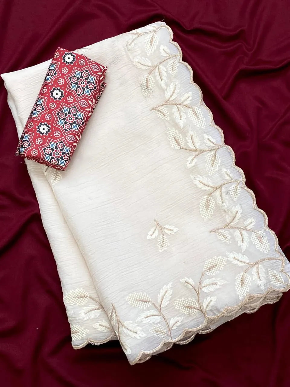 Crushed Georgette Leaf Embroidery Work Saree