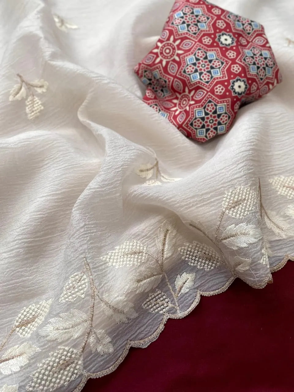 Crushed Georgette Leaf Embroidery Work Saree