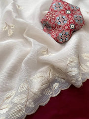 Crushed Georgette Leaf Embroidery Work Saree