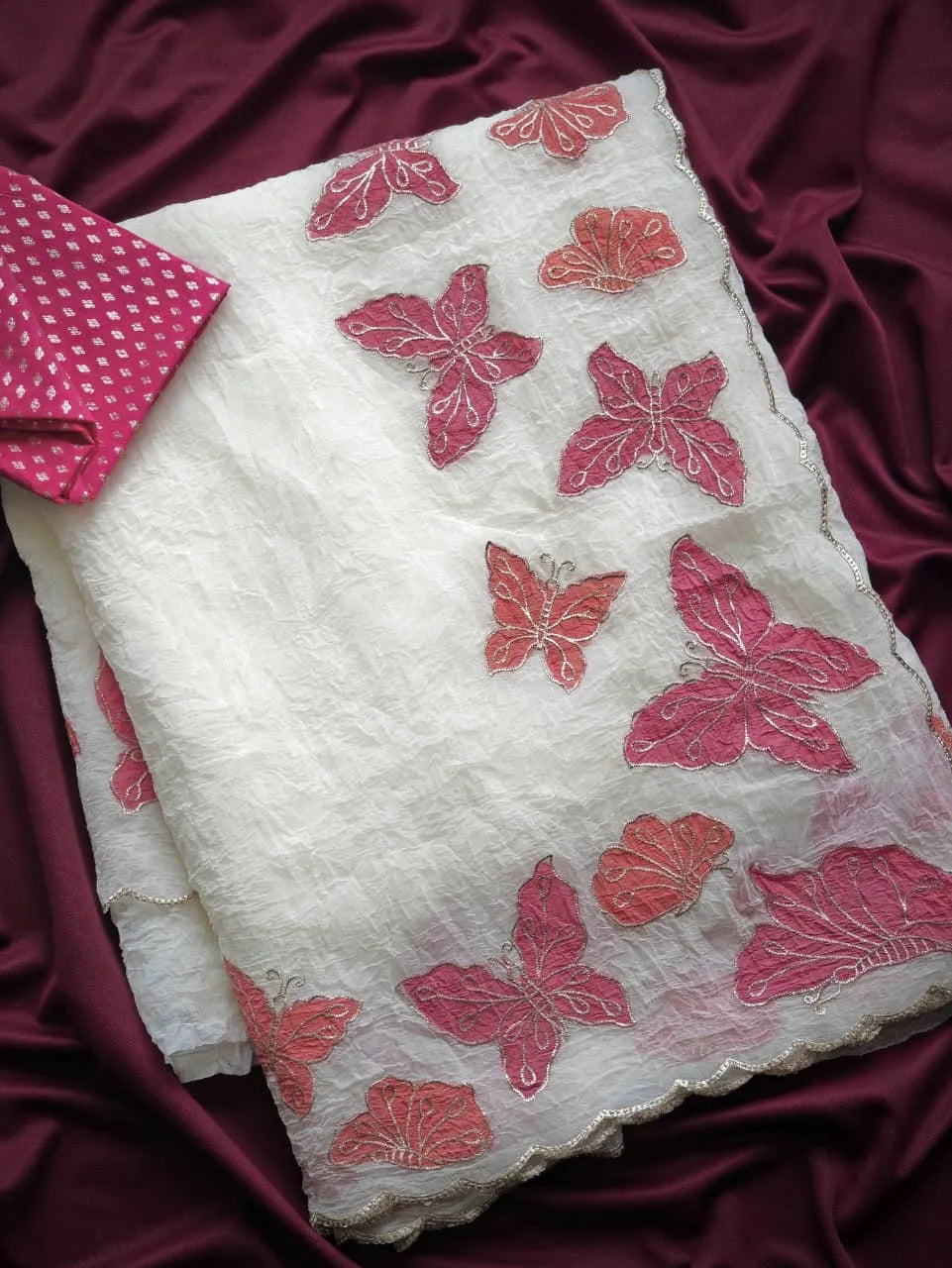 Butterfly Design Satin Georgette Appliqué Border Saree