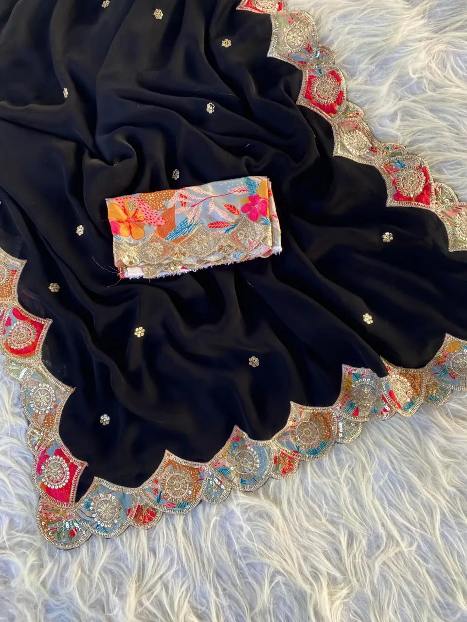 Pure Satin Georgette Appliqué Cutwork Border Saree