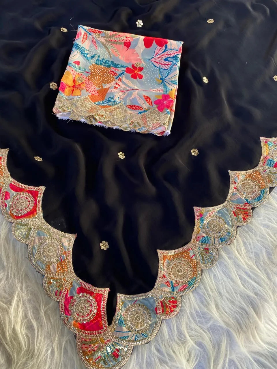 Pure Satin Georgette Appliqué Cutwork Border Saree