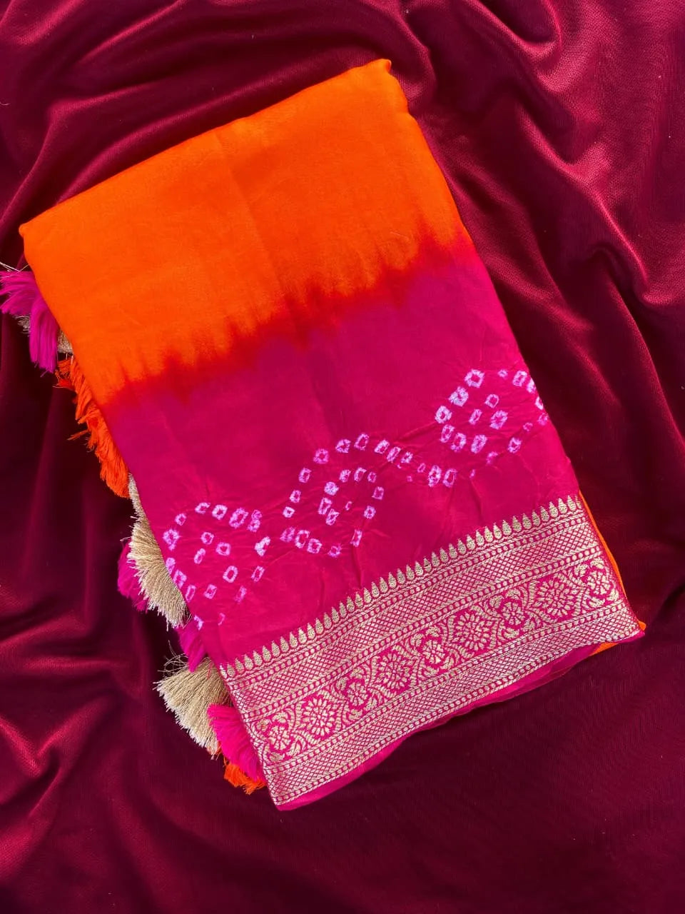 Pure Viscose Dola Silk Tye & Dye Bandhani Saree