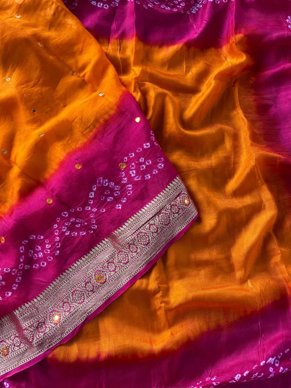 Pure Viscose Dola Silk Tye & Dye Bandhani Saree