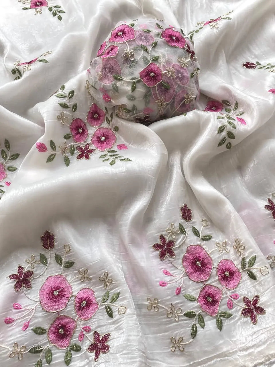 Pure Crushed Embroidery Work Designer Saree