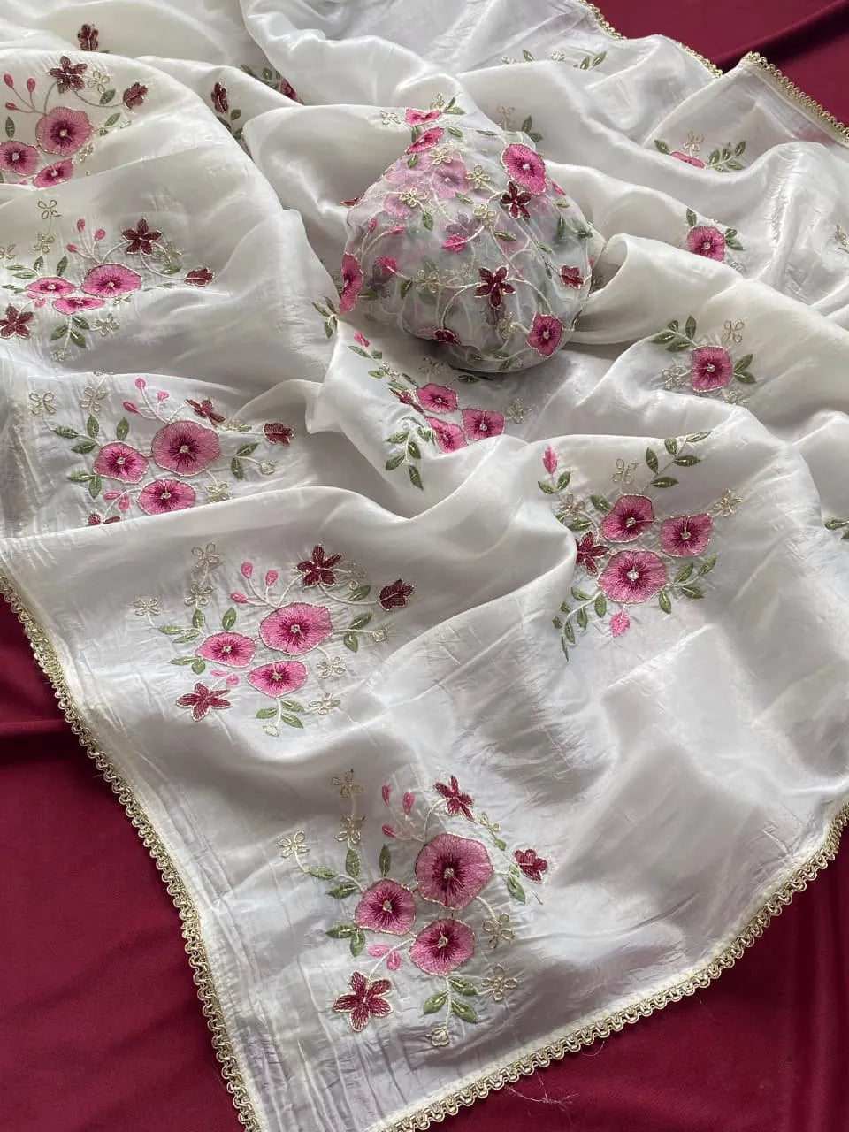 Pure Crushed Embroidery Work Designer Saree