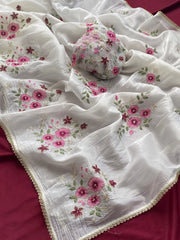 Pure Crushed Embroidery Work Designer Saree