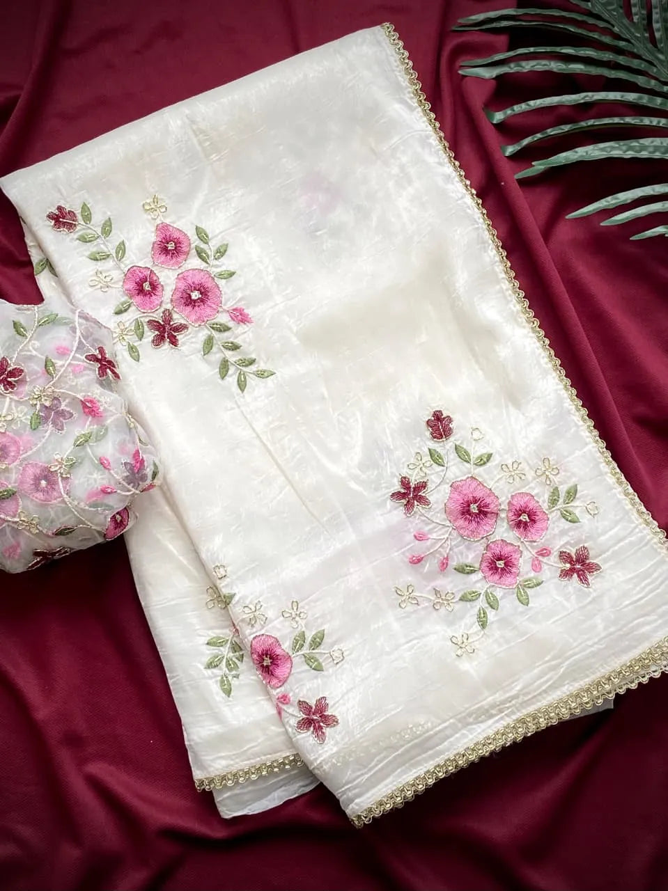 Pure Crushed Embroidery Work Designer Saree