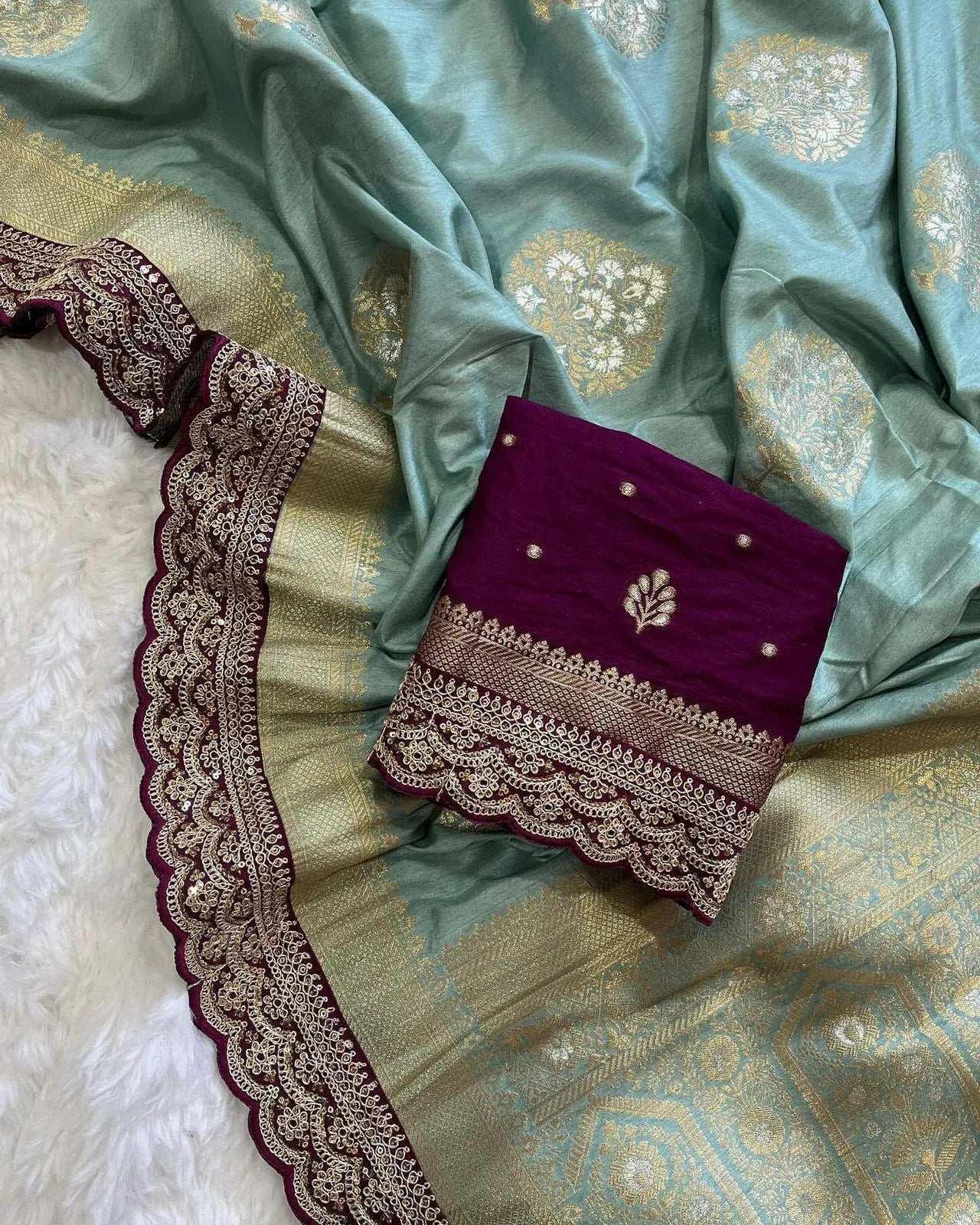 Banarasi Jaal Embroidery Sequence Work Sarees (Unstiched Blouse)