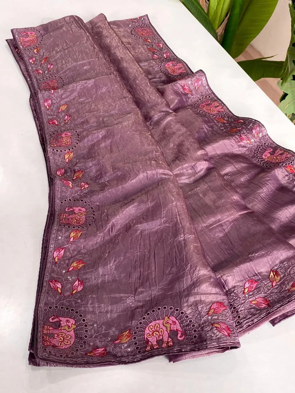 Pure Crush Silk Embroidery Cutwork Border Saree