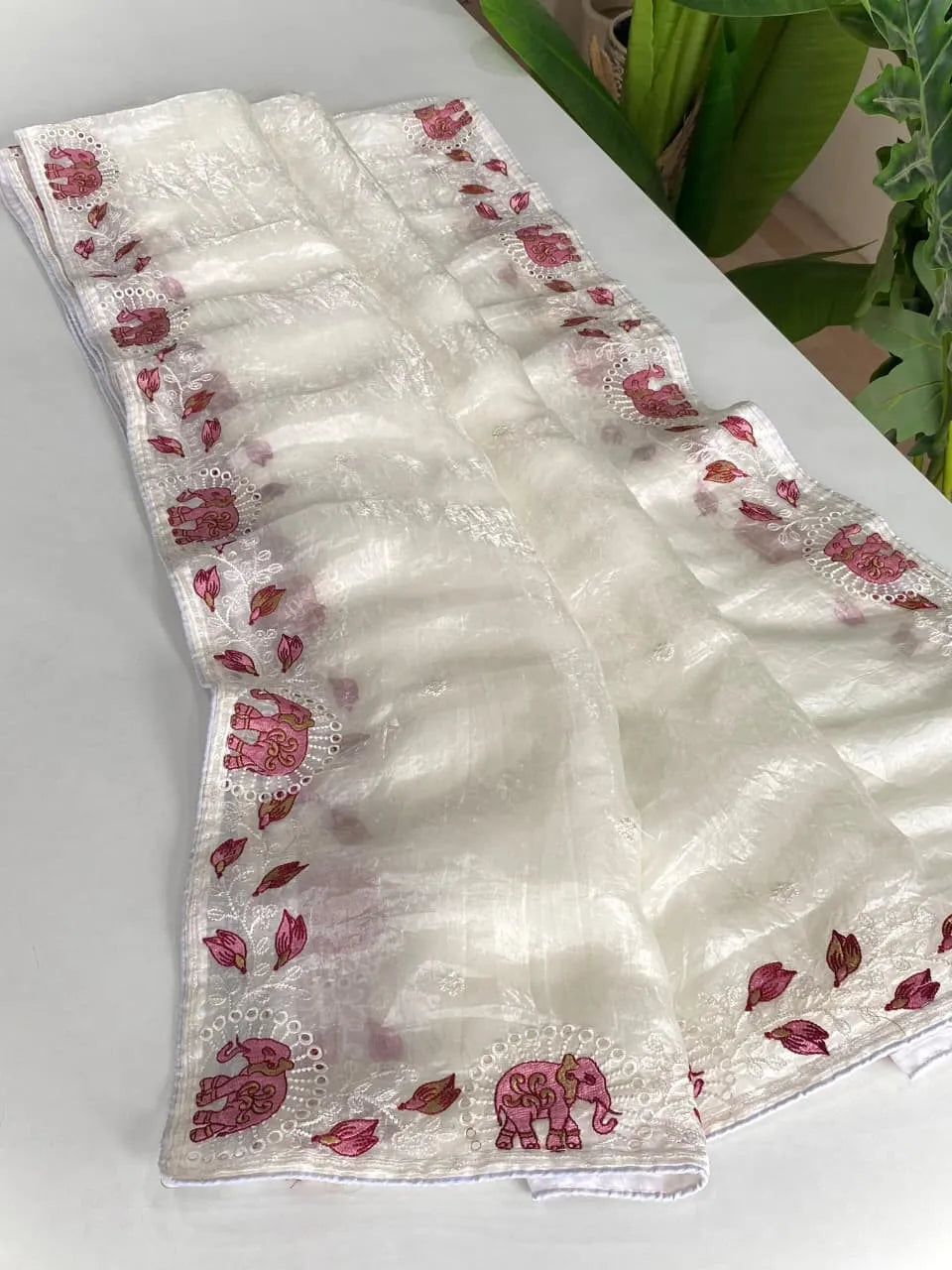 Pure Crush Silk Embroidery Cutwork Border Saree