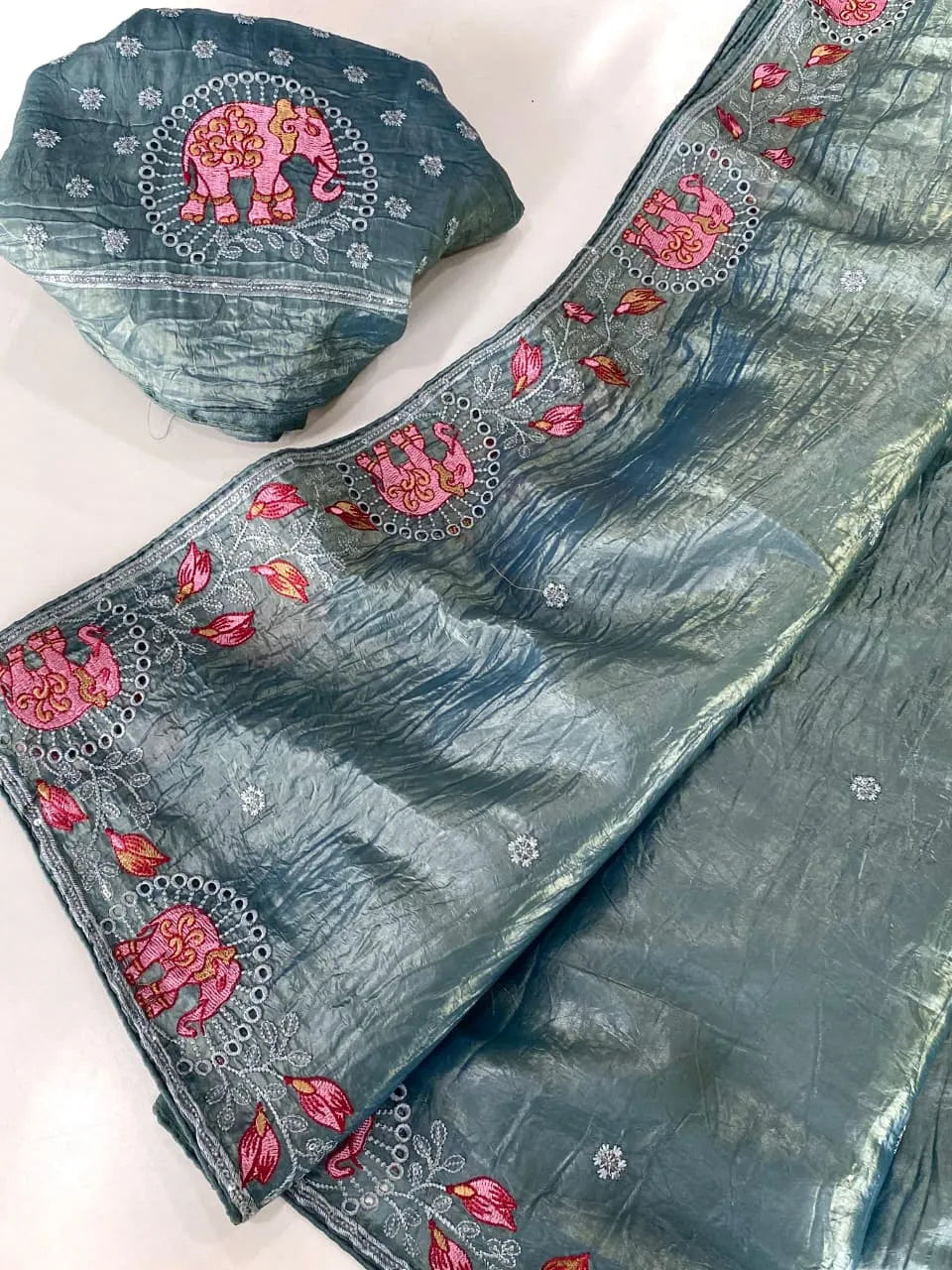 Pure Crush Silk Embroidery Cutwork Border Saree