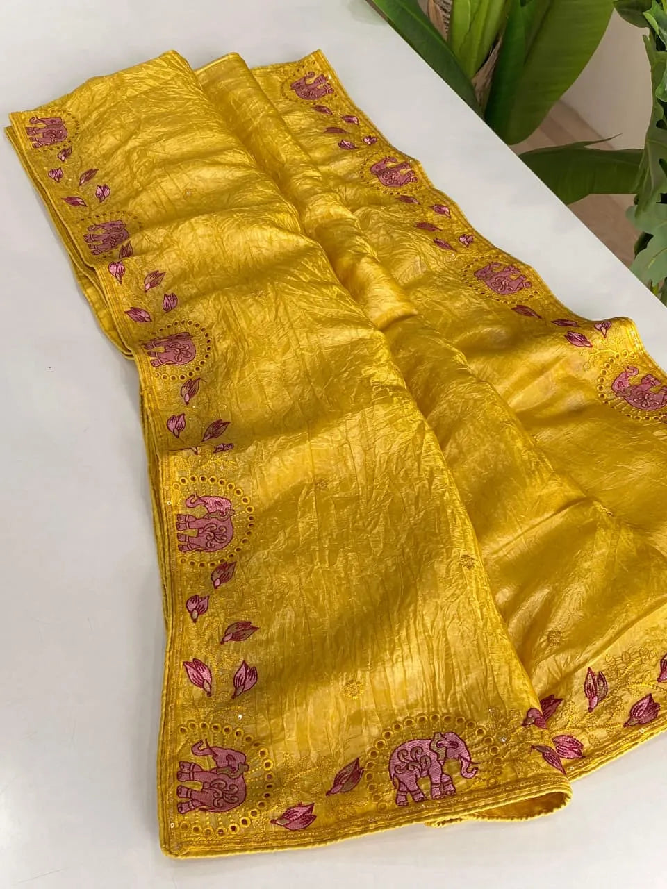 Pure Crush Silk Embroidery Cutwork Border Saree