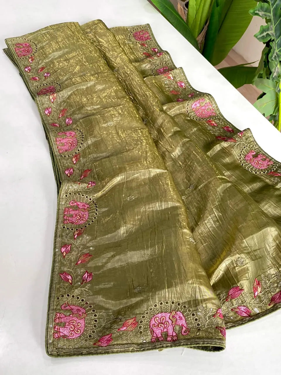 Pure Crush Silk Embroidery Cutwork Border Saree