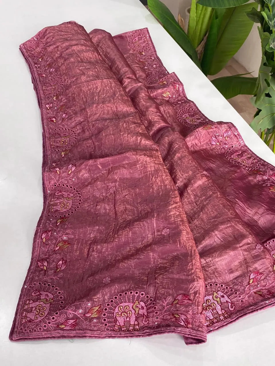 Pure Crush Silk Embroidery Cutwork Border Saree
