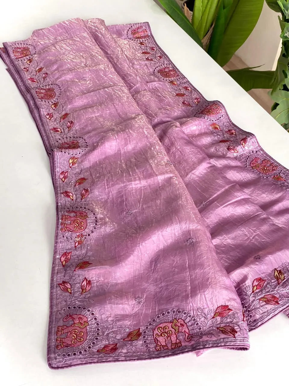 Pure Crush Silk Embroidery Cutwork Border Saree