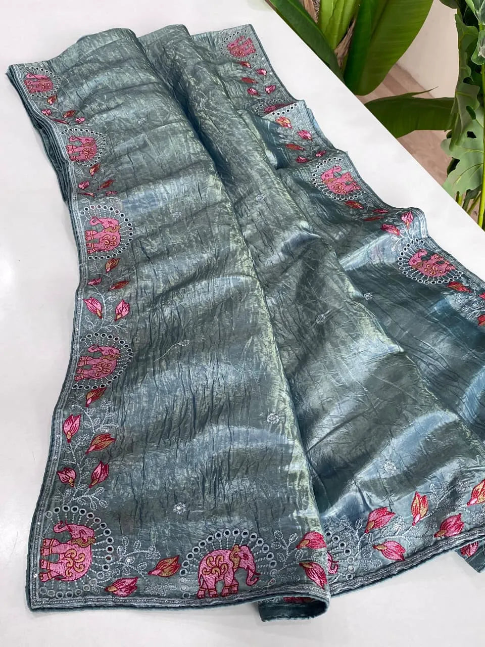 Pure Crush Silk Embroidery Cutwork Border Saree