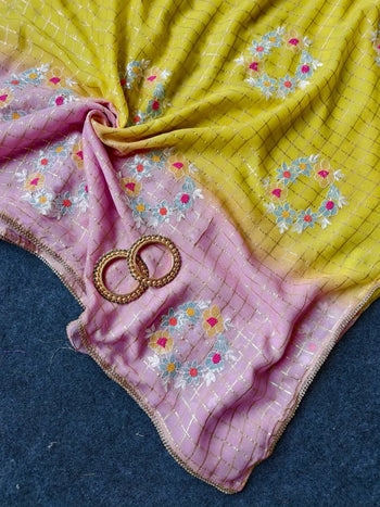 Pure Georgette Chex Embroidered Sequence Thread Work Saree