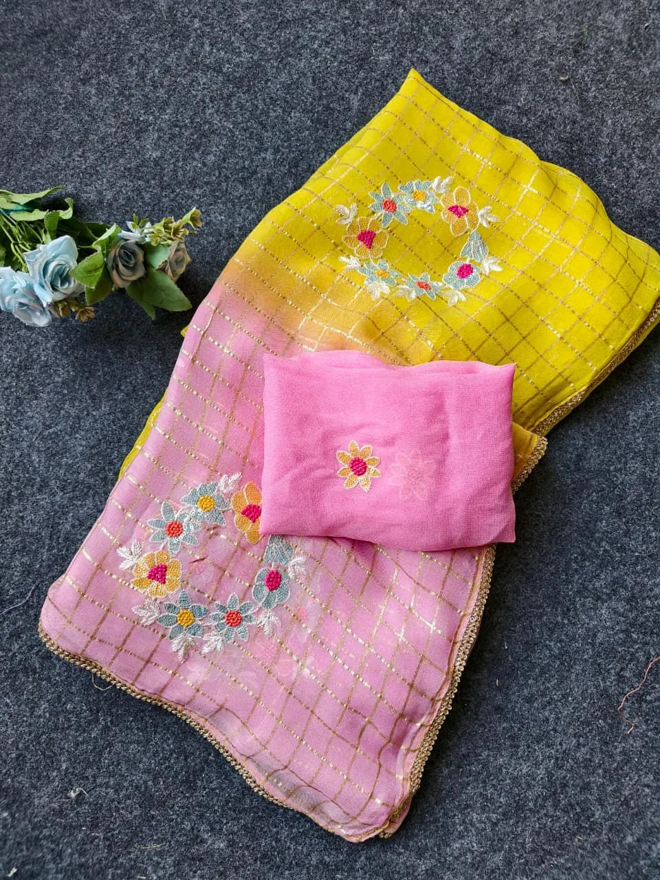 Pure Georgette Chex Embroidered Sequence Thread Work Saree