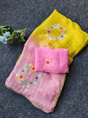 Pure Georgette Chex Embroidered Sequence Thread Work Saree
