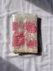 Pure Oris Silk Lotus Embroidered Applique Cutwork Border Saree