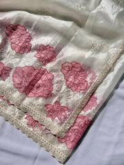 Pure Oris Silk Lotus Embroidered Applique Cutwork Border Saree