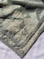 Pure Oris Silk Lotus Embroidered Applique Cutwork Border Saree