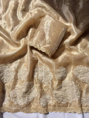 Pure Oris Silk Lotus Embroidered Applique Cutwork Border Saree