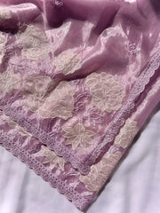 Pure Oris Silk Lotus Embroidered Applique Cutwork Border Saree