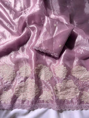 Pure Oris Silk Lotus Embroidered Applique Cutwork Border Saree