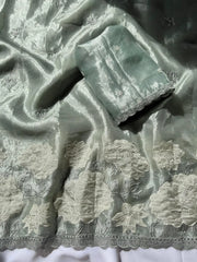 Pure Oris Silk Lotus Embroidered Applique Cutwork Border Saree