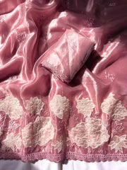 Pure Oris Silk Lotus Embroidered Applique Cutwork Border Saree