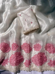 Pure Oris Silk Lotus Embroidered Applique Cutwork Border Saree