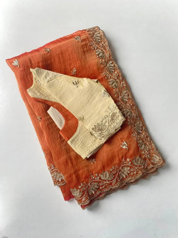 Luxury Lotus Handwork Pure Zari Tissue Saree (Stiched Blouse)